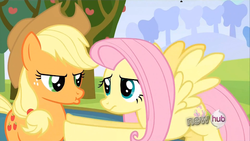 Size: 640x360 | Tagged: safe, screencap, applejack, fluttershy, g4, cute, puffy cheeks