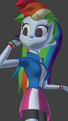 Size: 1080x1920 | Tagged: safe, artist:3d thread, artist:creatorofpony, rainbow dash, equestria girls, g4, 3d, 3d model, blender, clothes, compression shorts, female, flexing, grin, skirt, solo, t-shirt, villager