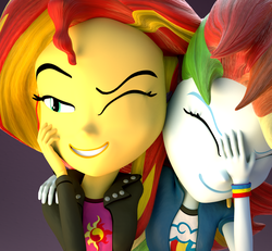 Size: 1080x1000 | Tagged: safe, artist:creatorofpony, rainbow dash, sunset shimmer, equestria girls, g4, 3d, 3d model, arm around back, arm around neck, arms, blender, bust, clothes, collar, eyebrows, eyelashes, eyes closed, facepalm, female, fingers, hand, hand on face, happy, jacket, laughing, laughingmares.jpg, leather, leather jacket, long hair, long sleeves, meme, open mouth, open smile, raised eyebrow, shirt, short sleeves, smiling, sweatshirt, t-shirt, teenager, teeth, top, wristband