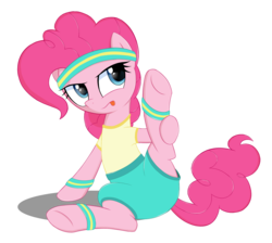 Size: 2000x1789 | Tagged: safe, artist:kas92, pinkie pie, earth pony, pony, a friend in deed, g4, clothes, female, headband, shirt, shorts, solo, stretching, sweatband, t-shirt, tongue out