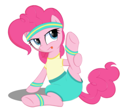 Size: 2000x1789 | Tagged: safe, artist:kas92, pinkie pie, earth pony, pony, a friend in deed, g4, clothes, female, headband, mare, shirt, shorts, simple background, solo, stretching, sweatband, t-shirt, tongue out, transparent background