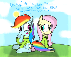 Size: 1562x1248 | Tagged: safe, artist:mr-degration, fluttershy, rainbow dash, g4, clothes, couple, cute, female, hoodie, lesbian, ship:flutterdash, shipping, sitting, sweater, sweatershy