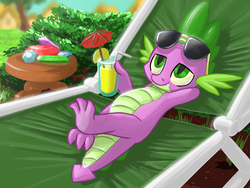 Size: 1440x1080 | Tagged: safe, artist:atteez, spike, g4, chair, drink, gem, hilarious in hindsight, lounging, male, reclining, solo, sunglasses, table