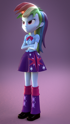 Size: 810x1440 | Tagged: safe, artist:creatorofpony, rainbow dash, twilight sparkle, equestria girls, g4, 3d, 3d model, angry, blender, boots, clothes, clothes swap, egghead, female, hilarious in hindsight, rainbow dash always dresses in style, shoes, skirt, solo, twilight sparkle's skirt