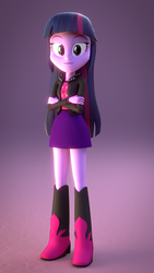 Size: 1080x1920 | Tagged: safe, artist:creatorofpony, sunset shimmer, twilight sparkle, equestria girls, g4, 3d, 3d model, blender, boots, clothes, clothes swap, female, jacket, leather jacket, skirt, solo, sunset shimmer's skirt