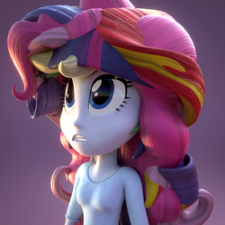 Size: 810x810 | Tagged: safe, artist:creatorofpony, applejack, fluttershy, pinkie pie, rainbow dash, rarity, sunset shimmer, twilight sparkle, equestria girls, g4, 3d, 3d model, abomination, alternate hairstyle, appleflaritwidashpie, blender, clothes, fashion disaster, female, fusion, mane six, skirt, solo, what has science done