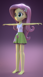 Size: 810x1440 | Tagged: safe, artist:creatorofpony, fluttershy, equestria girls, g4, /mlp/, 3d, 3d model, armpits, barefoot, blender, clothes, feet, female, missing shoes, skirt, solo, t pose, tank top