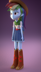 Size: 1080x1920 | Tagged: safe, artist:creatorofpony, applejack, rainbow dash, equestria girls, g4, 3d, 3d model, applejack's belt, applejack's hat, applejack's skirt, blender, boots, clothes, clothes swap, cowboy boots, cowboy hat, cowgirl, cowgirl outfit, denim skirt, female, hat, high heel boots, hilarious in hindsight, rainbow dash always dresses in style, shoes, skirt, solo, stetson, voice actor joke