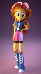 Size: 1080x1920 | Tagged: safe, artist:creatorofpony, rainbow dash, sunset shimmer, equestria girls, 3d, 3d model, blender, boots, clothes, clothes swap, compression shorts, female, hand on hip, happy, long hair, looking down, pose, rainbow socks, sexy, shorts, shorts under skirt, skirt, smiling, socks, solo, standing, striped socks, wristband