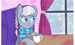 Size: 1038x623 | Tagged: safe, silver spoon, g4, cup, hot chocolate, snow, snowfall