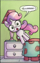 Size: 422x657 | Tagged: safe, idw, sweetie belle, g4, bed, comic, falling, juxtaposition