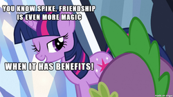 Size: 610x343 | Tagged: safe, edit, edited screencap, screencap, spike, twilight sparkle, dragon, pony, unicorn, g4, bedroom eyes, caption, female, friendship with benefits, image macro, innuendo, male, mare, meme, ship:twispike, shipping, smiling, straight, twilight's bad pickup lines, wink