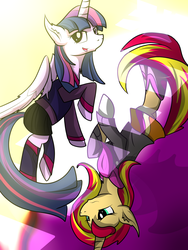 Size: 3000x4000 | Tagged: safe, artist:dazed-and-wandering, sunset shimmer, twilight sparkle, alicorn, pony, unicorn, g4, clothes, duo, equestria girls outfit, twilight sparkle (alicorn), yin-yang