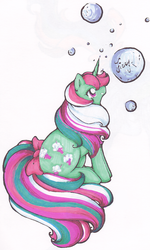 Size: 1403x2346 | Tagged: safe, artist:january-joy, fizzy, g1, bubble, female, simple background, solo, tail bow