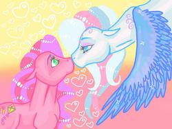 Size: 600x450 | Tagged: safe, artist:pinkieposh, skywishes, star catcher, g3, female, heart, kissing, lesbian, ship:skycatcher, shipping