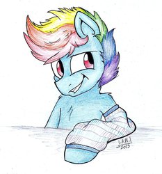 Size: 1024x1100 | Tagged: safe, artist:cyanyeh, rainbow dash, g4, clothes, rainbow blitz, rule 63, smiling, smirk, socks, traditional art