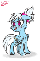 Size: 464x696 | Tagged: safe, artist:ruritn, fleetfoot, g4, :p, alternate hairstyle, annoyed, blushing, cute, diafleetes, female, floppy ears, fluffy, glare, nose wrinkle, open mouth, ponytail, raspberry, solo, spread wings, tongue out, unshorn fetlocks, younger