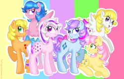 Size: 780x500 | Tagged: safe, artist:tinacrazy29, applejack (g1), firefly, posey, sparkler (g1), surprise, twilight, g1, bow, g1 six, tail bow