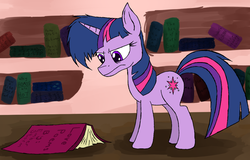 Size: 900x577 | Tagged: safe, artist:obstreperoussynapse, twilight sparkle, g4, book, unamused