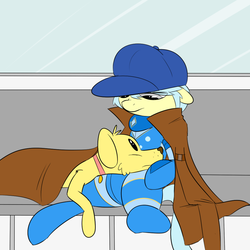 Size: 1000x1000 | Tagged: safe, artist:khorme, oc, oc only, oc:ultramare, dog, earth pony, pony, bodysuit, clothes, disguise, hat, sitting, trenchcoat