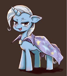 Size: 1012x1143 | Tagged: safe, artist:nazonazopowerfu, trixie, pony, unicorn, g4, brown background, female, floppy ears, looking at you, mare, open mouth, pixiv, simple background, solo