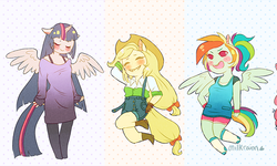 Size: 780x468 | Tagged: safe, artist:milkrainn, applejack, rainbow dash, twilight sparkle, anthro, equestria girls, g4, ambiguous facial structure, twilight sparkle (alicorn)