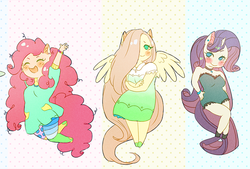 Size: 693x468 | Tagged: safe, artist:milkrainn, fluttershy, pinkie pie, rarity, anthro, equestria girls, g4, ambiguous facial structure