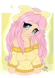Size: 780x1100 | Tagged: safe, artist:joakaha, fluttershy, human, g4, bow, clothes, cute, female, hair bow, heart, humanized, off shoulder, ponytail, shyabetes, solo, sweatershy