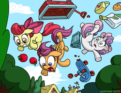 Size: 1650x1276 | Tagged: safe, artist:latecustomer, apple bloom, scootaloo, sweetie belle, earth pony, pegasus, pony, unicorn, g4, action pose, apple, butt, crash, cutie mark crusaders, falling, female, filly, open mouth, plot, saddle bag, scootabutt, scooter, sweetie butt, this will end in tears and/or death and/or covered in tree sap, tree sap and pine needles, trio, wagon