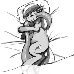Size: 900x900 | Tagged: safe, artist:kevinsano, rainbow dash, pony, g4, bed, consentacles, eyes closed, grayscale, hug, monochrome, sleeping, smiling, tentacle love, tentacles, wingless