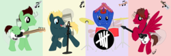 Size: 1520x500 | Tagged: safe, artist:karmadash, bird, earth pony, pegasus, penguin, pony, unicorn, 5 seconds of summer, band, drums, guitar, microphone, musical instrument, ponified