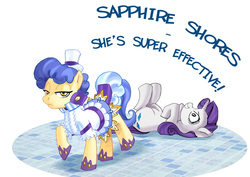 Size: 877x620 | Tagged: artist needed, safe, rarity, sapphire shores, earth pony, pony, unicorn, g4, female, mare, on back