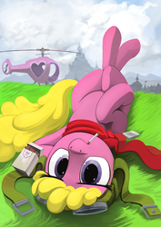 Size: 2000x2820 | Tagged: safe, artist:dimfann, cherry berry, earth pony, pony, g4, aviator hat, canterlot, cigarette, cigarette pack, clothes, crossed legs, female, grass, hat, helicopter, high res, lighter, looking at you, lying down, mare, on back, ponyville, scarf, smoking, solo