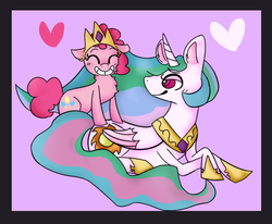 Size: 604x498 | Tagged: dead source, safe, artist:rum-pumpkin, pinkie pie, princess celestia, alicorn, earth pony, pony, g4, duo, female, lesbian, ship:pinkielestia, shipping