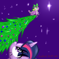 Size: 768x768 | Tagged: safe, artist:frist44, spike, twilight sparkle, dragon, pony, g4, christmas tree, female, happy, male, mare, night, smiling, stars, tree