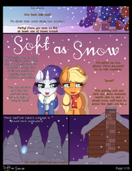 Size: 1912x2475 | Tagged: safe, artist:ratofdrawn, applejack, rarity, comic:soft as snow, g4, boots, clothes, coat, comic, female, lesbian, scarf, ship:rarijack, shipping, snow, snowfall, winter