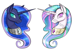 Size: 2473x1746 | Tagged: dead source, safe, artist:lokis-doodles, princess celestia, princess luna, g4, obtrusive watermark, portrait, simple background, transparent background, watermark