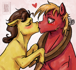 Size: 1502x1390 | Tagged: safe, artist:arainmorn, big macintosh, caramel, earth pony, pony, g4, blushing, gay, kissing, male, ship:caramac, shipping, stallion