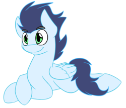 Size: 1023x880 | Tagged: safe, artist:artsyambi, soarin', g4, cute, doge, male, prone, simple background, smiling, solo, transparent background