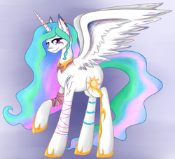 Size: 2100x1910 | Tagged: safe, artist:mailner, princess celestia, g4, female, horn, horn jewelry, jewelry, raised hoof, smiling, solo, spread wings