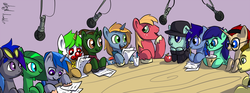 Size: 1600x592 | Tagged: safe, artist:atryl, big macintosh, oc, oc:jade aurora, earth pony, pegasus, pony, unicorn, bronycon, g4, apple, clown, clown nose, interview, meta, microphone, plushie, red nose