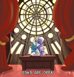 Size: 1200x1263 | Tagged: safe, artist:fauxsquared, princess celestia, tumblr:it's always sunny in canterlot, g4, ask, crepuscular rays, desk, eyes closed, female, levitation, magic, mug, solo, stained glass, tumblr, window