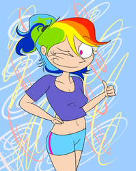 Size: 557x700 | Tagged: safe, artist:the-moonman-of-1997, rainbow dash, human, g4, alternate hairstyle, belly button, clothes, humanized, midriff, shorts, thumbs up