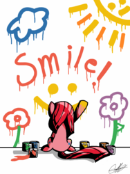 Size: 600x800 | Tagged: safe, artist:therandomjoyrider, pinkie pie, g4, female, hoof painting, painting, pinkamena diane pie, smiling, solo, younger