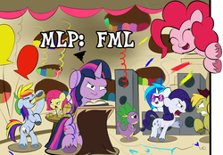 Size: 1024x712 | Tagged: safe, artist:wadusher0, applejack, dj pon-3, fluttershy, pinkie pie, rainbow dash, rarity, spike, twilight sparkle, vinyl scratch, g4, balloon, confetti, fanfic art, fanfic cover, parody, streamers