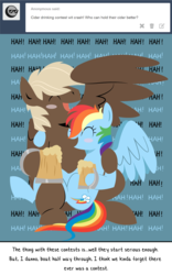 Size: 1124x1799 | Tagged: safe, artist:dbkit, dumbbell, rainbow dash, pegasus, pony, g4, ask, blushing, cider, drunk, drunker dash, dumbdash, duo, female, laughing, male, shipping, straight, tumblr