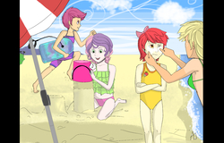 Size: 1467x937 | Tagged: safe, apple bloom, applejack, scootaloo, sweetie belle, human, g4, barefoot, beach, bikini, bucket, clothes, cutie mark crusaders, feet, humanized, midriff, one-piece swimsuit, sand, swimsuit, tankini, umbrella, water