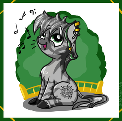 Size: 700x694 | Tagged: safe, artist:sigmanas, oc, oc only, oc:patrick poe, zebra, colt, cute, earring, fluffy, male, music, music notes, open mouth, piercing, singing, sitting, smiling, solo, щщоки