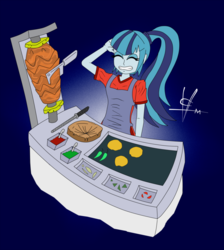 Size: 846x944 | Tagged: safe, artist:vicgop, sonata dusk, equestria girls, g4, concession stand, food, gyros, knife, peppers, pineapple, taco, tacos al pastor, tacos de trompo, tortilla