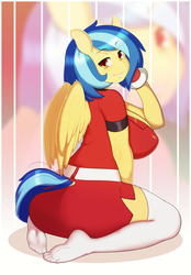 Size: 3160x4550 | Tagged: safe, artist:3mangos, oc, oc only, oc:silvia windmane, pegasus, anthro, plantigrade anthro, anthro oc, big breasts, breasts, clothes, dress, feet, female, huge breasts, looking back, missing shoes, sideboob, solo, stockings, thigh highs